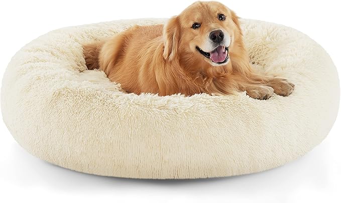 Bedsure Calming XL Dog Bed Donut Washable Extra Large Pet Bed,45ins | Fluffy Faux Fur Round Cuddler,Machine Washable,Anti-Slip Bottom,Anti-Anxiety,Deep Sleeping for Pets Up to 120 Lbs,Ivory Beige by Unknown