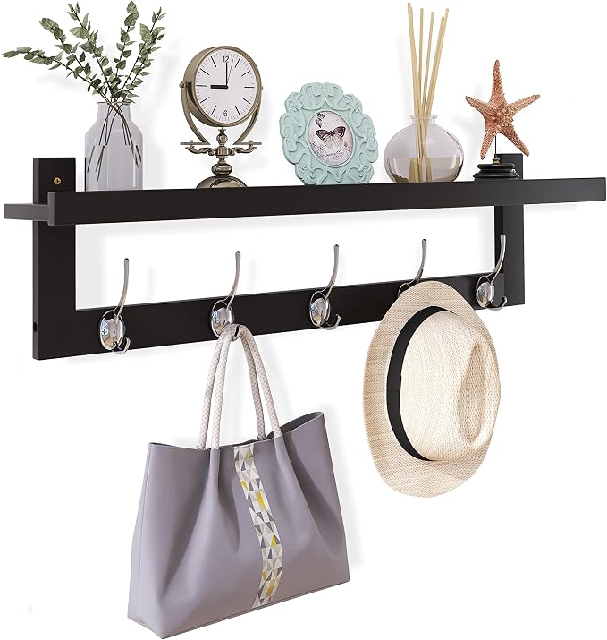 SMIBUY Coat Hooks with Shelf Wall-Mounted, 29.2 Inch Entryway Coat Rack for Wall, Bamboo Hanging Shelf with 5 Double Metal Hooks for Bathroom, Bedroom, Kitchen, Living Room, Mudroom (Black+Silver) by SMIBUY