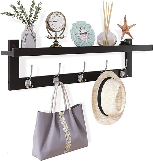 SMIBUY Coat Hooks with Shelf Wall-Mounted, 29.2 Inch Entryway Coat Rack for Wall, Bamboo Hanging Shelf with 5 Double Metal Hooks for Bathroom, Bedroom, Kitchen, Living Room, Mudroom (Black+Silver) by SMIBUY