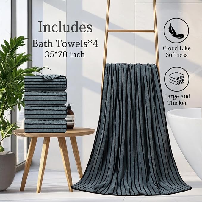 Mistyrose Bath Towels,4 Pack Black Stripe 35"x70" Large Bath Towels Microfiber Absorbent XL Bath Sheets Super Soft Towels for Bathroom Quick Dry Oversized Shower Towels for Family Hotel Spa Gym - Image 3