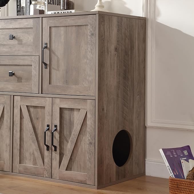 Forest Gravity Large Dog-Proof Double Cat Litter Box Enclosure with Storage for 2 Cats,Cat Washroom Cabinet with 2 Drawers,47.6'' Modern Dual Litter Box Furniture Cabinet with Compartments,Grey - Image 9