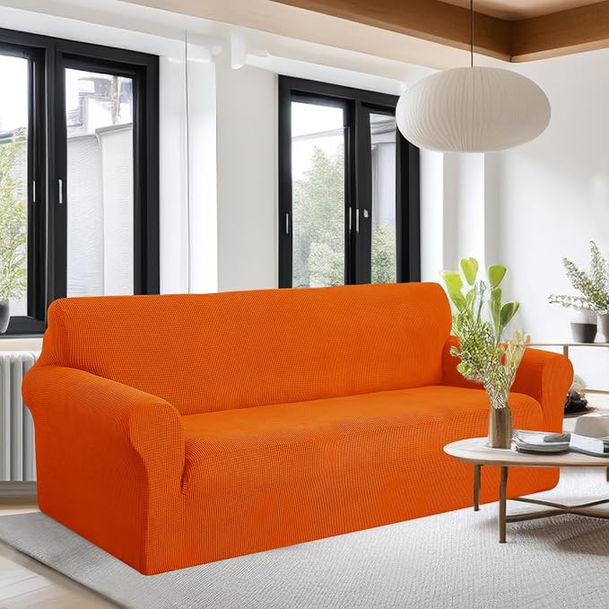 U-NICE HOME Oversized Stretch Couch Cover Slipcover, Orange | 3 Cushion Sofa, 1-Piece Sofa cover, Washable, Pet friendly, Furniture protector, Polyester Spandex Jacquard fabric - Image 2
