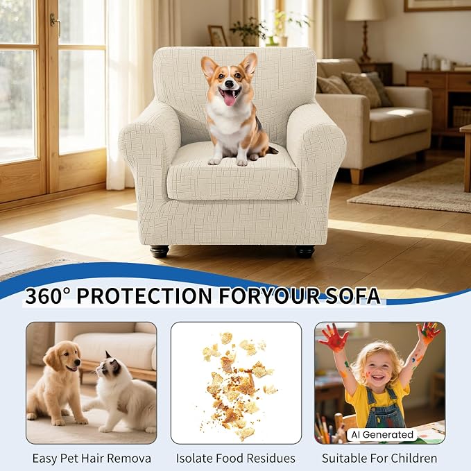 CYCMCAO Stretch 2 Piece Armchair Covers, Non Slip Chair Covers Armchair, Sofa Covers for Pets Washable with Elastic Bottom, Couch Slipcover for Kids, Dogs (Beige), 31"-46" (1 Cushion) - Image 5