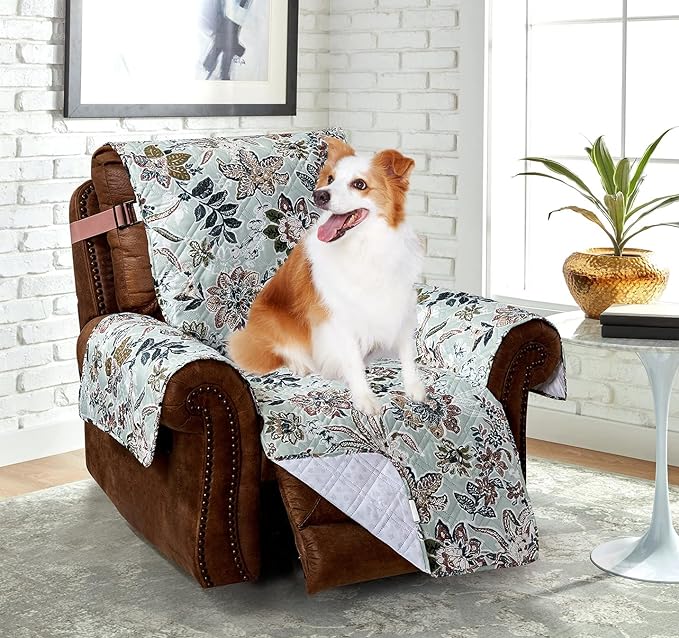 Brilliant Sunshine Green Vintage Flowers Couch Recliner Cover, 26" seat | Non Slip Sofa Cover, Quilted Furniture Protector, Washable Reclining Chair Slipcover for Pets, Dogs & Cats by BrilliantSunshine