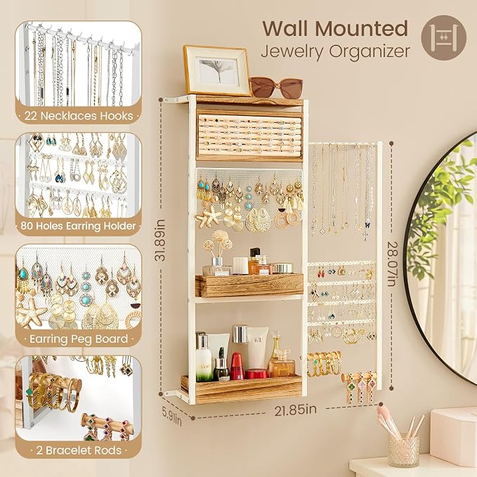 Pinzoveco Hanging Jewelry Organizer Wall Mounted, Large Hanging Jewelry Organizer Holder for Necklaces,Bracelest,Earrings,Rings,Watched,Makeup & Perfume (White) - Image 2
