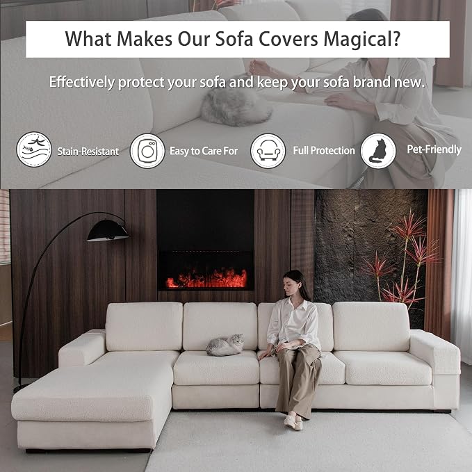 OHSIO Couch Cushion Covers for Sectional Sofa, Stretch Soft Sofa Slipcovers Washable Wear-Resistant Universal Furniture Protector for Living Room(1 Piece Chaise Cover, Ivory) - Image 5