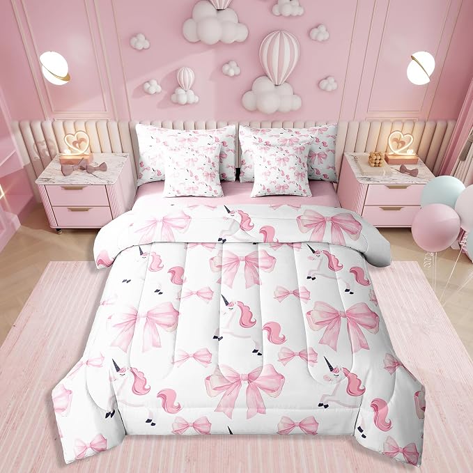 Erosebridal 7 Piece Girls Bowknot Kids Comforter Set King Bed in a Bag,Cute Pink Unicorn Bedding Set for Kids Child,Dreamy Princess Style Quilt Comforter,Girly Horse Bow Tie Valentine Duvet Insert by Erosebridal
