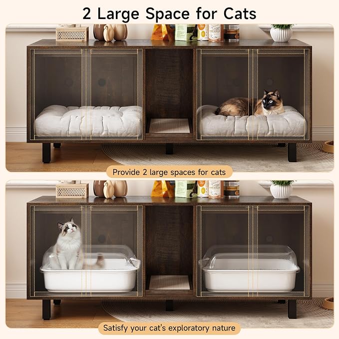 ONBRILL 59 Inches Cat Litter Box Enclosure for 2 Cats, Hidden Litter Boxes Furniture with Cat Scratch Pad, Large Indoor Pet House with Double Room, Wooden TV Stand Side Table, Brown - Image 6