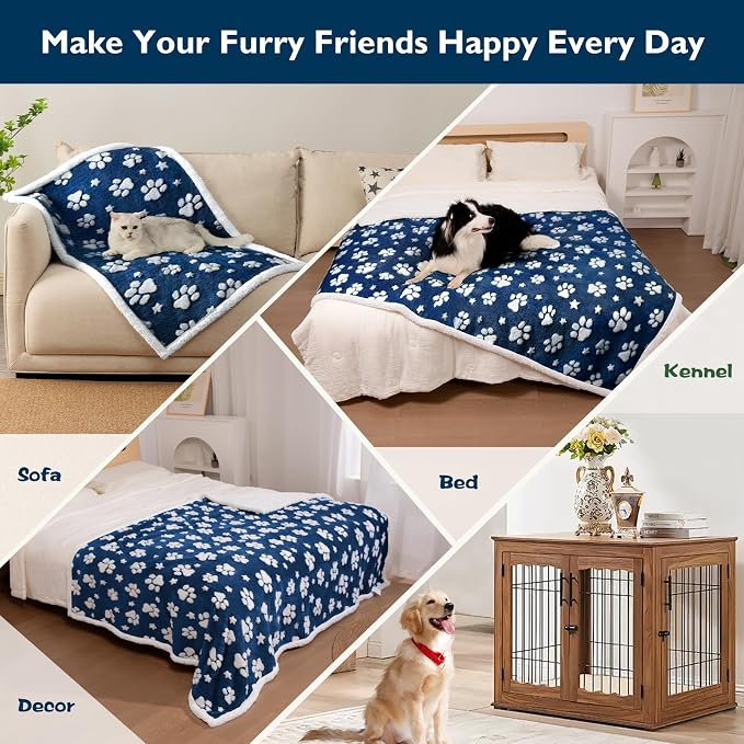Cute Waterproof Blanket for Dog Cat or Adult, 60"x80", Navy Blue | 3D Textured Paw Pet Blanket for Bed Couch Sofa, Soft Liquid Pee Proof Pet Furniture Protector - Image 4
