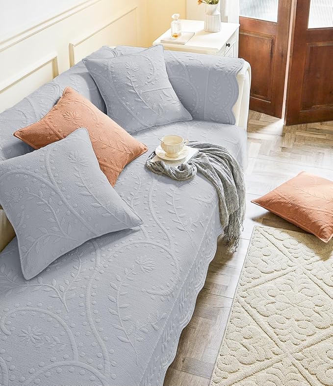 Leaf Floral Cotton Quilted Dog Couch Cover for Sofa Farmhouse Rustic Embroidered Sectional Couch Cover Soft Anti-Slip Sofa Slipcover Furniture Protector for Kids, Pets (Grey,28"x70") - Image 3