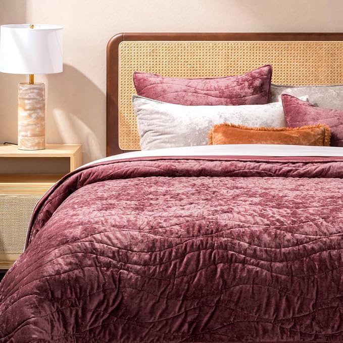 EverGrace Luxury Wave Crushed Velvet Quilt Set, King Size, Burgundy | Luxurious Soft, Lightweight Velvet Comforter, Cozy Plush Oversized Bedspread Coverlet for All Season, with 2 Shams - Image 5