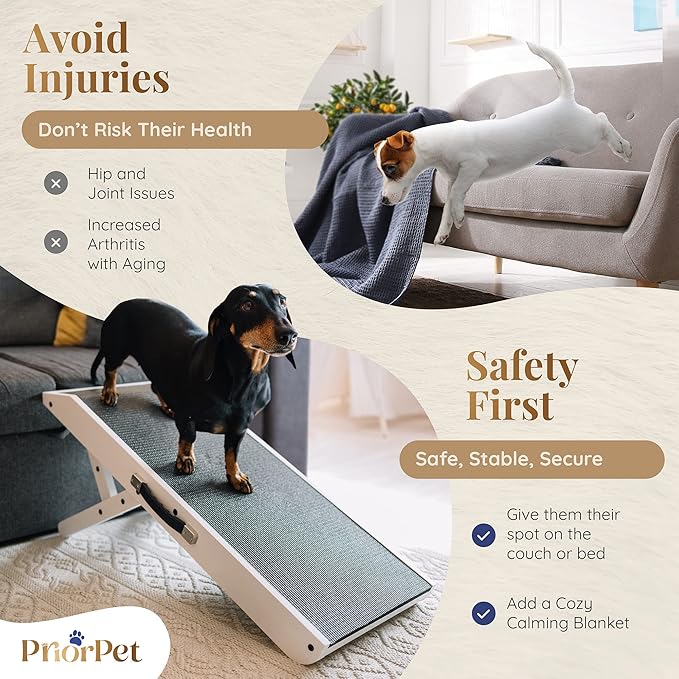 Dog ramp for Couch – Non-Slip, Sturdy Build Foldable Dog ramp – Supports up to 200lbs – Adjustable 7'' to 20'' – Landing Platform Seamlessly Connects – Birchwood Pet Ramp for Small Dogs – White
