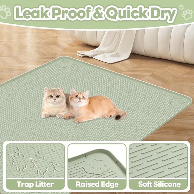 Silicone Cat Litter Mat for Litter Box 34”x22” Large Cat Mat, Green | Waterproof, Non-Slip, Leak-Proof Rug Mat with Lip, Easy to Clean, Extra Large Litter Catcher Mat for Floor - Image 3