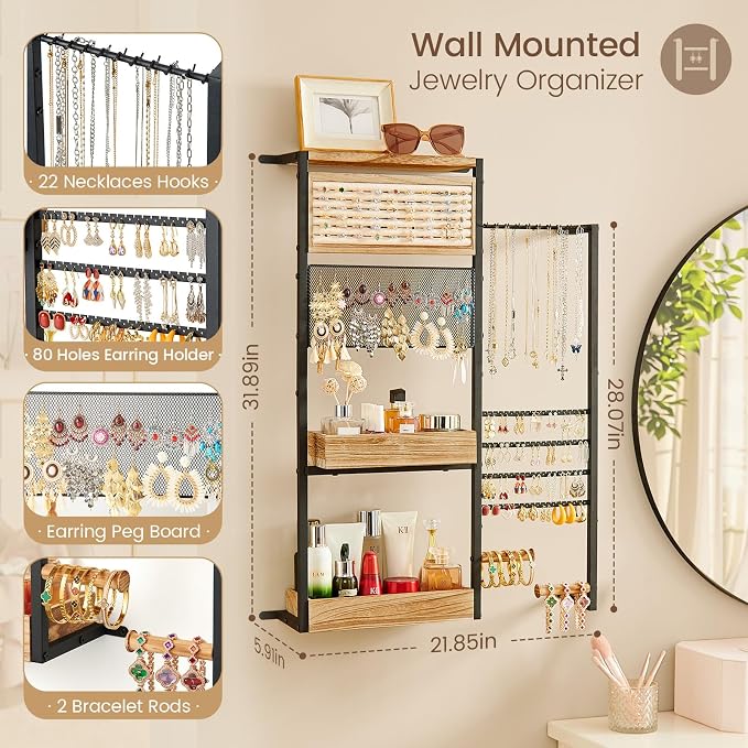 Pinzoveco Hanging Jewelry Organizer Wall Mounted, Large Hanging Jewelry Organizer Holder for Necklaces,Bracelest,Earrings,Rings,Watched,Makeup & Perfume (Black) - Image 2