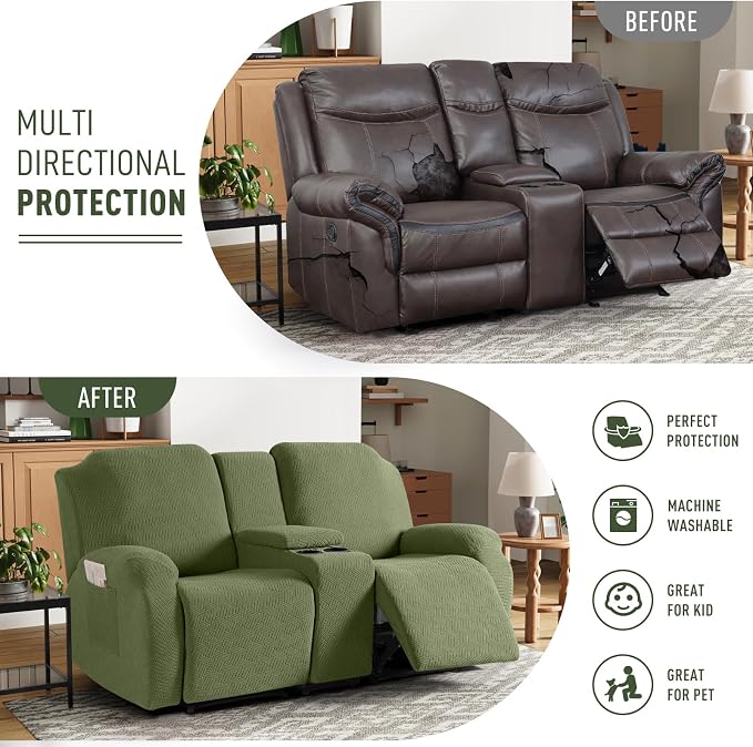 KinCam Loveseat Recliner Covers with Middle Console Slipcover, Olive Green | Stretch Recliner Sofa Covers for 2 Seat Couch Cover, Jacquard Furniture Protector Covers with Elastic Bottom for Kids, Pets - Image 3