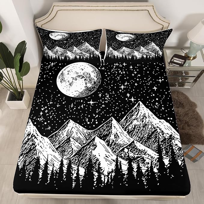 Sun Moon Bed Sheets Full Size 4Pcs Abstract Sun Stars Sheet Set for Kids Boys Mystic Chic Boho Flat Sheet Teens Adult, Mountain Tree Sketch Bedroom Decor Fitted Sheet with 2 Pillowcases,Black White - Image 3