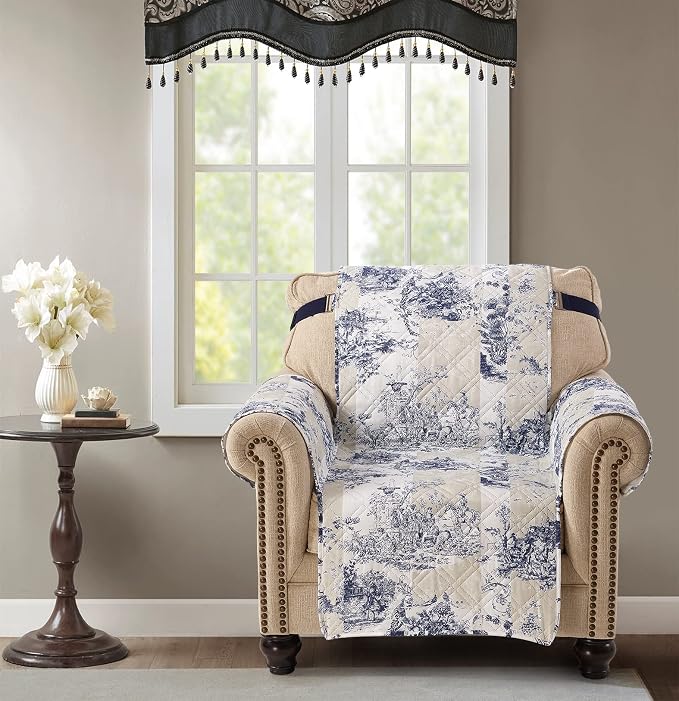 Brilliant Sunshine Blue Toile Couch Armchair Cover, Beige Ivory, 23" seat | Non Slip Sofa Cover, Quilted Furniture Protector, Washable Chair Slipcover for Pets, Dogs & Cats - Image 2