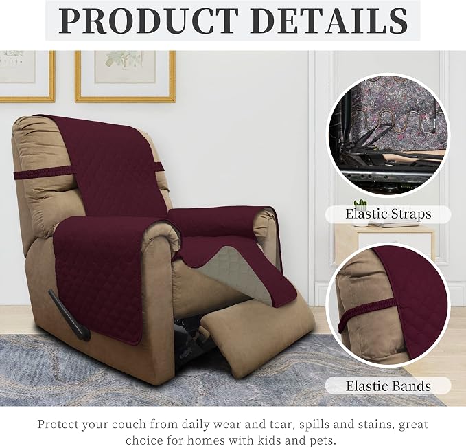 ISSUNTEX Double Protection 100% Waterproof Recliner Covers for Living Room, Reversible Furniture Protector Recliner Couch Sofa Slipcover for Dogs, Pets, Kids (Recliner, Wine/Beige) - Image 5
