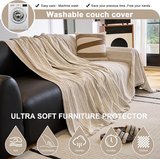 ROOMLIFE Couch Cover 3 Cushion Sofa, Washable Non Slip Furniture Sofa Protector Cover, Soft Chenille Sofa Slipcovers Sectional L Shape Dogs Couch Cover Throw Blanket with Tassels 71''X118'' - Image 5