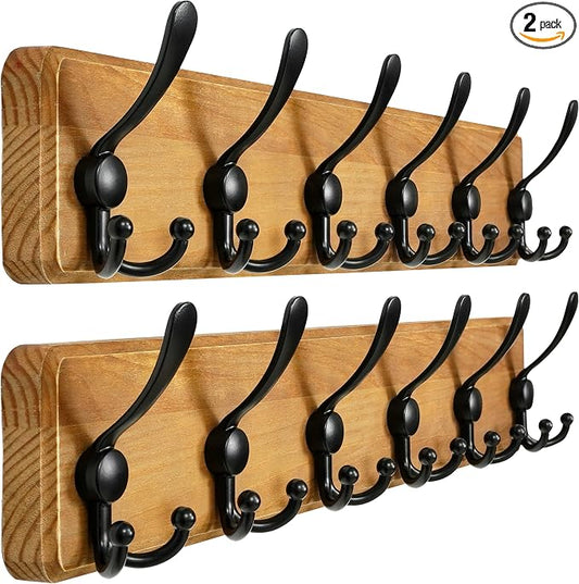 Dseap Coat Rack Wall Mounted - 24" Long 6 Tri Hooks, Heavy Duty Wooden Wall Coat Hanger Coat Hook for Clothes Hat Jacket Clothing, Weathered Brown and Black, Pack of 2 by Dseap