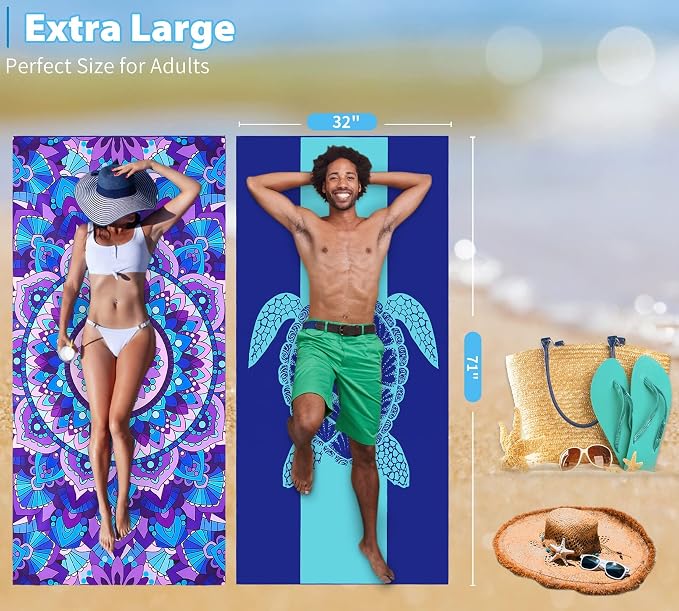 4 Pack Microfiber Thin Lightweight Beach Towel Oversized 71x32 Extra Large Sand Free Towels for Travel Swim Pool Yoga Gym Camping for Adults Women Men Beach Essentials Accessories Vacation Gift - Image 3