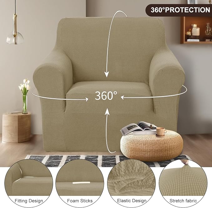 U-NICE HOME Stretch Couch Cover Slipcover for 3 Cushion Sofa, Sand | 1-Piece Sofa cover, Washable, Pet friendly, Furniture protector, Polyester Spandex Jacquard fabric - Image 3