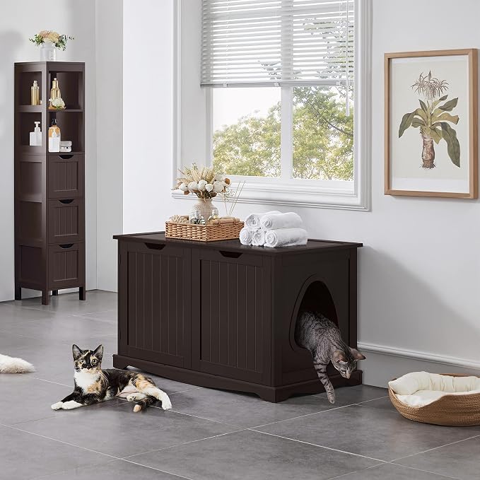Yaheetech Cat Litter Box Enclosure, Litter Cabinet Furniture Hidden, Wooden Pet Crate Kitty Washroom Storage Bench with Divider Home Loo Indoor Cat House Espresso - Image 2