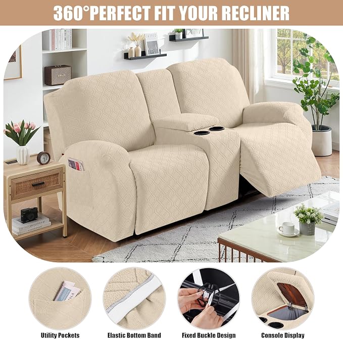 VANSOFY Recliner Loveseat Cover with Middle Console Stretch Reclining Sofa Slipcover for 2 Seat Jacquard Reclining Couch Sofa Covers Furniture Protector with Elastic Straps Bottom (Cream) | 4-Pieces, Soft Furniture Protector, Washable Slipcover with Po... - Image 5