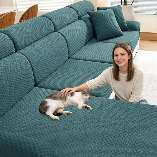 YEMYHOM Couch Cushion Covers for Sofa, Stretch Sectional Couch Seat Cushion Covers Washable Thick Furniture Protector Sofa Slipcovers for Pets (3 Seater + 1 Chaise, Peacock Blue) by YEMYHOM