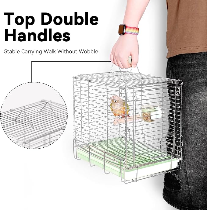 Bird Carrier Travel Cage - 304 Stainless Steel Portable Folding Bird Travel Cage with Parrot Feeder Cups & Standing Perch for Smaller Birds Conures Lovebird Cockatiel Parakeets (Green) - Image 7