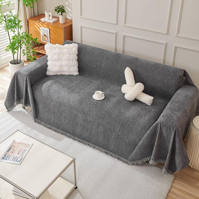 DREAMINGO Sofa Covers Washable Thick Chenille Couch Cover for 2 Cushion Couch Sofa Multi-Use Couch Cover Blanket Modern Pet Furniture Protector Sectional Couch Slipcover 91"x118", Dark Grey - Image 7