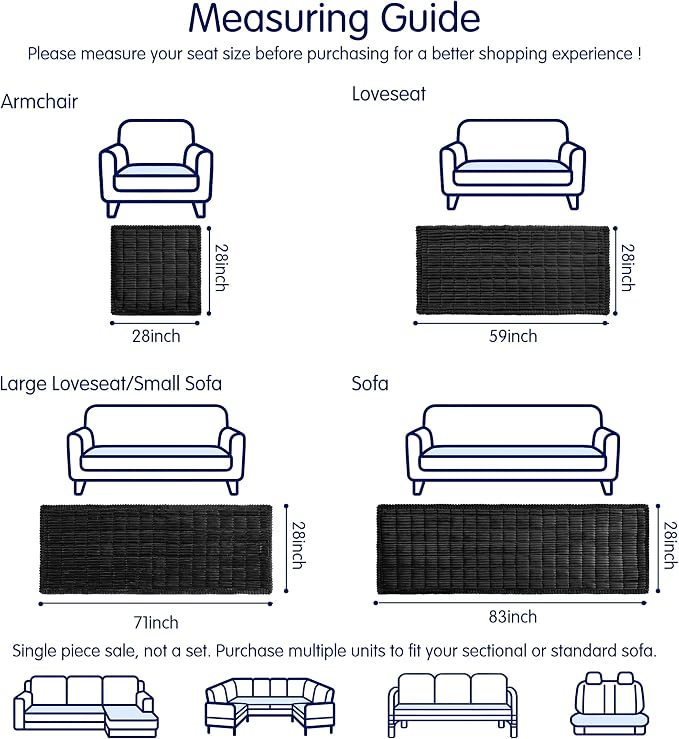 SUBRTEX Couch Cover for Dogs, Non-Slip Sofa Mat Washable, Thick Sofa Slipcover Cushion Protector Pet-Friendly (Black, 27.6"x59.1") - Image 3