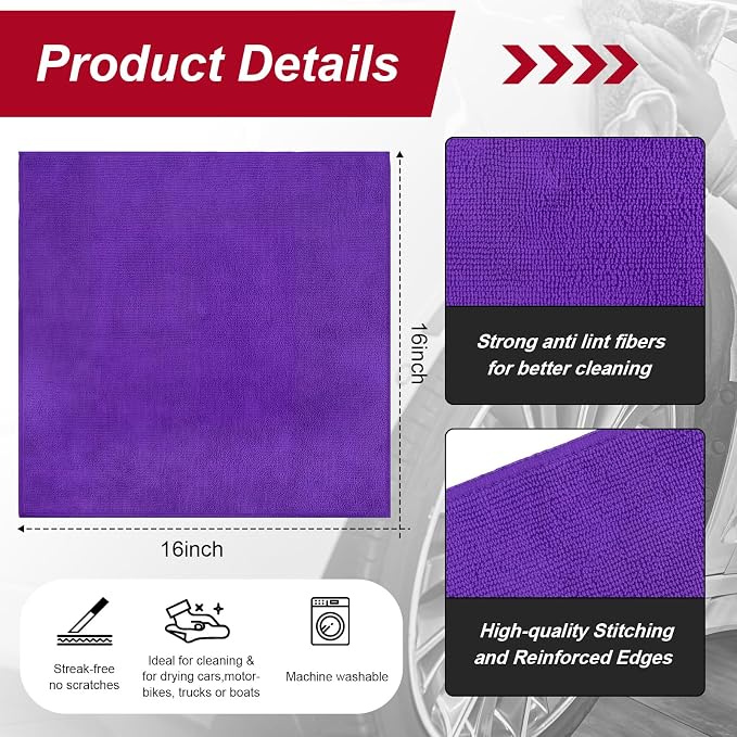Oudain 200 Pcs Microfiber Cleaning Cloth 16x16 Inch Microfiber Towels for Car Ultra Absorbent Cleaning Rags Reusable Lint Free Streak Free Detailing Towel for Car Washing Drying Dusting (Purple) - Image 2