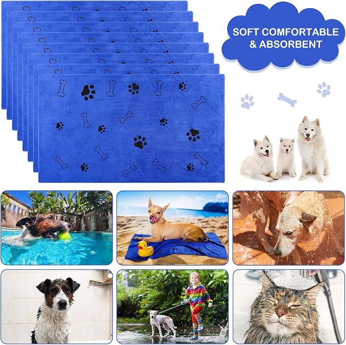 Chumia 8 Pcs Microfiber Dog Towels for Drying Dogs Cats 40 x 24 Inch Pet Towels Bulk for Large Puppy Absorbent Fast Drying Paw Bath Bathing Supplies for Pets(Dog Paw and Bone,Dark Blue) - Image 5