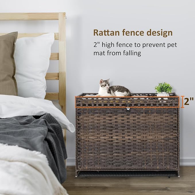 Cat Litter Box Enclosure with Door, Hidden Cat Washroom Furniture | Handwoven PP Wicker; Soft Litter Mat Included; Spacious Interior; Furniture-Style Design; Indoor Home Décor - Image 3