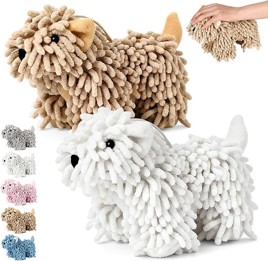 Tegeme 2 Pcs Chenille Dog Hand Towel Fuzzy Towel Absorbent Microfiber Soft for Bathroom Kitchen Washstand (White Brown,Standing Dog) by Tegeme