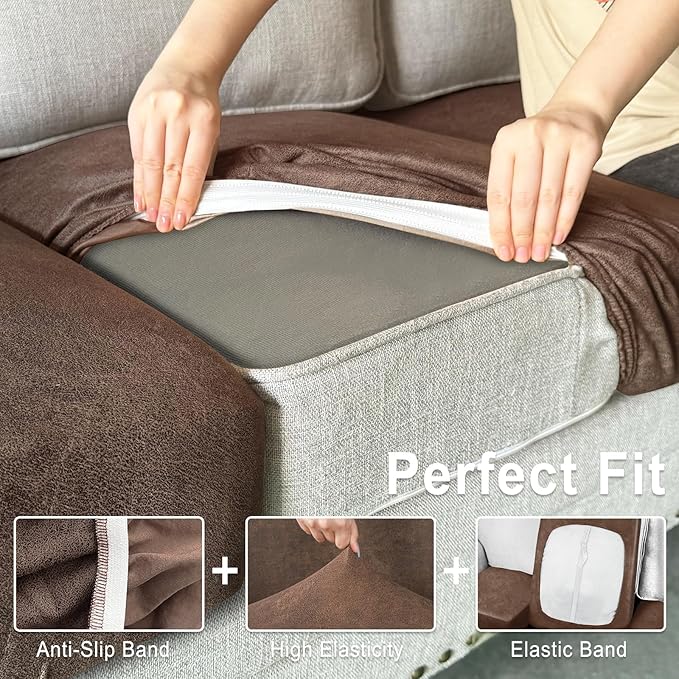 ANARACHON Leather Look Couch Cushion Covers Sofa Seat Slipcovers Sets Couches Furniture Protector for Sectional Armchair Loveseat Pets Kids Stretch Spandex Fabric (1 Cushion Sofa, Brown) - Image 4