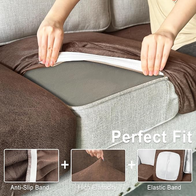 ANARACHON Leather Look Couch Cushion Covers Sofa Seat Slipcovers Sets Couches Furniture Protector for Sectional Armchair Loveseat Pets Kids Stretch Spandex Fabric (1 Cushion XL Sofa, Brown) - Image 4