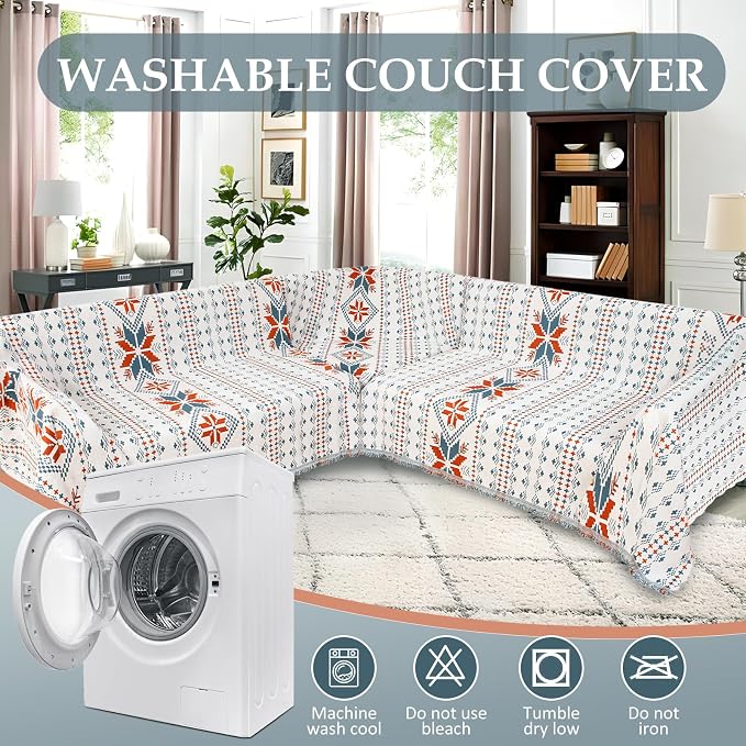 1OO% Waterproof Sectional Couch Covers for Dogs L Shaped Corner Sofa Cover Washable Chenille Sofa Slipcovers Blanket Modern Jacquard Pet Furniture Protector (91"x276", Boho Light Blue) - Image 8