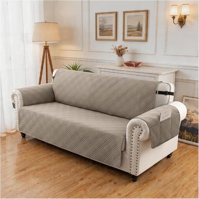 100% Waterproof Couch Cover for Dogs, Washable Anti-Slip Sofa Cover with Elastic Straps & Side Pockets, Quilted Furniture Protector for Kids & Pets (3 Cushion 68", Camel) - Image 8