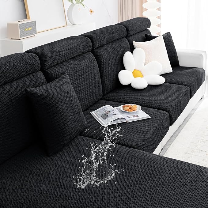 Smiry Waterproof Couch Cushion Covers, Non Slip Seat Cushion Covers | Stretch Jacquard Sectional Sofa Slipcover, Washable Elastic Furniture Protector for Pets, Kid, Large, Black by Smiry
