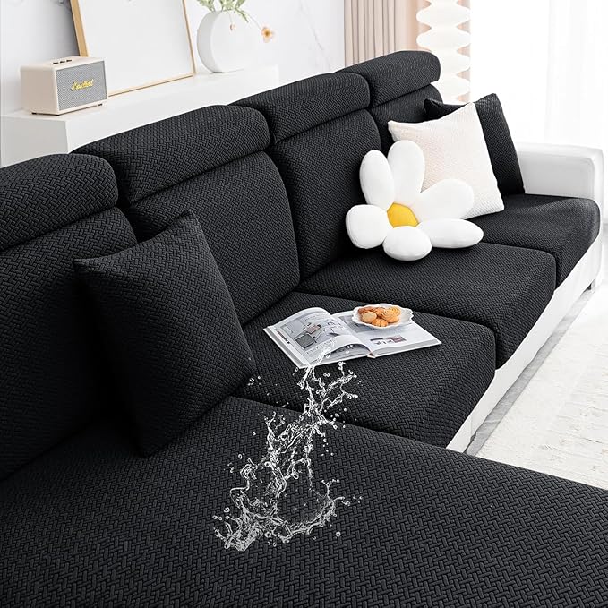 Smiry Waterproof Couch Cushion Covers, L Shape Sectional Couch Covers | Stretch Jacquard Chaise Lounge Sofa Slipcover, Washable Elastic Furniture Protector for Pets, Chaise XL, Black by Smiry