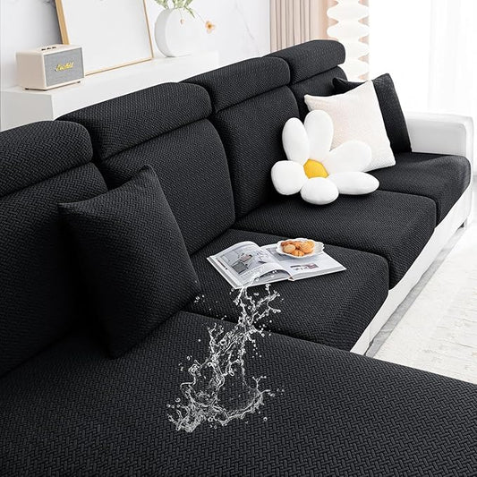 Smiry Waterproof Couch Cushion Covers, L Shape Sectional Couch Covers | Stretch Jacquard Chaise Lounge Sofa Slipcover, Washable Elastic Furniture Protector for Pets, Chaise XL, Black by Smiry