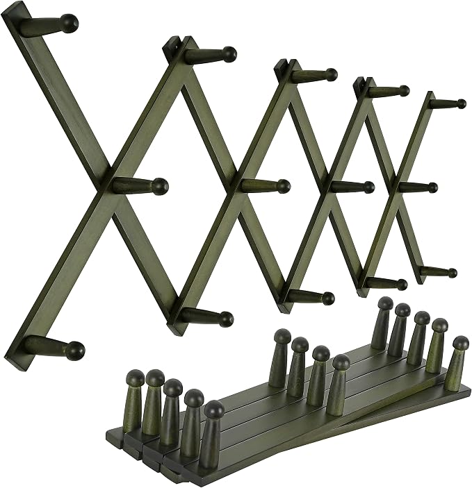 SKOLOO Hat Rack for Wall with 14 Hooks, Pack of 2, Solid Wooden, Modern, Expandable Coat Rack Wall Mount for Coats, Hats, Bags, Baseball Caps, Dark Walnut Color by SKOLOO