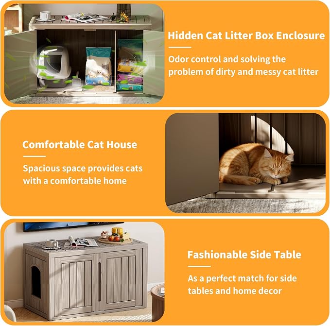 Cat Litter Box Enclosure,Multi-Functional Hidden Litter Box Furniture Cabinet with Adjustable Partition & Side End Table, Indoor Outdoor Cat House with Double Doors,Easy to Clean & Assemble, Gray - Image 3