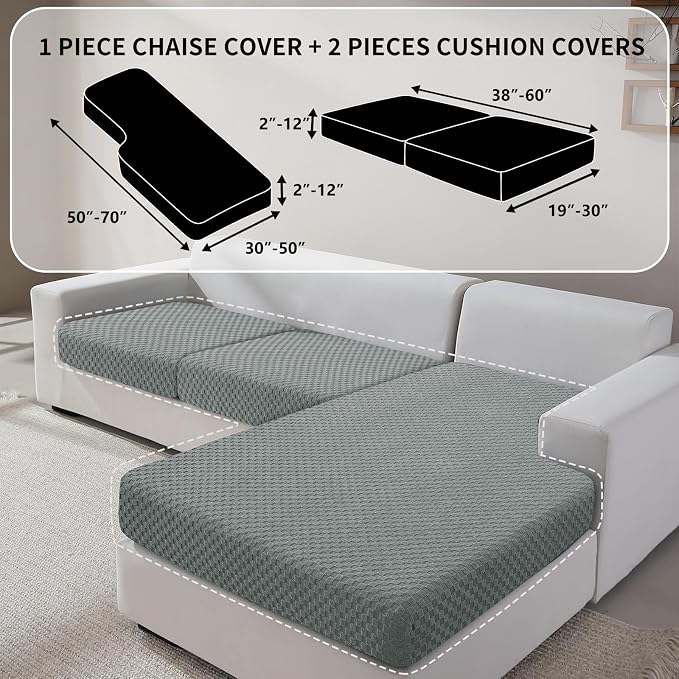 YEMYHOM Couch Cushion Covers for Sofa, Stretch Sectional Couch Seat Cushion Covers Washable Thick Furniture Protector Sofa Slipcovers for Pets (2 Seater + 1 Chaise, Light Gray) - Image 2