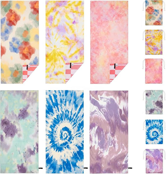 6 Pack Microfiber Beach Towel Set with Travel Bag 71 * 36'' Tie Dye | Quick Dry XL Beach Towels for Cruise Pool Yoga Gym Gift, Lightweight Absorbent Sandproof Compact Towels Beach Essentials by BEAQLIO