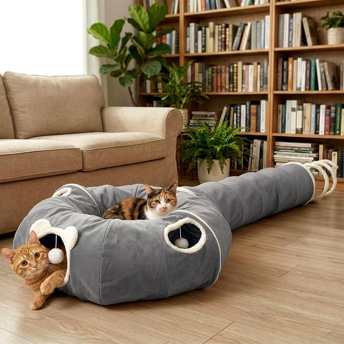 Ownpets 2-in-1 Cat Tunnel Large Lollipop 12" D Collapsible Cave Plush, Grey | Foldable Tunnel Bed, Fluffy Ball, Multi-Exit Maze, For Cats Kittens Puppies Rabbits, Soft Plush, Easy Store, Cozy Hiding Spot - Image 2