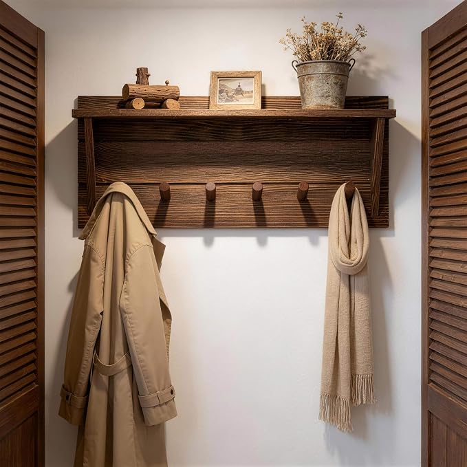 WEBI Coat Rack Wall Mount with Shelf,24" Long Entryway Wall Shelf with Hooks Underneath,6 Peg Hooks for Hanging Coats,Caps,Jacket,Clothes,Brown - Image 4