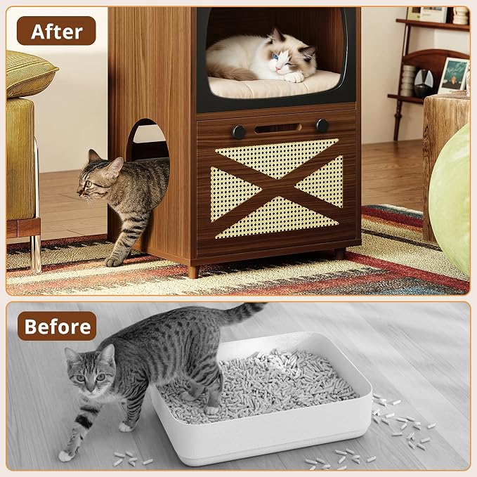 IRONCK 2-Tier TV Shaped Cat Litter Box Enclosure with Rattan Scratch Board | 2-in-1 litter cabinet. Fits standard litter boxes. 2-tier. Scratching board. Works as side table. Cat-friendly materials - Image 8